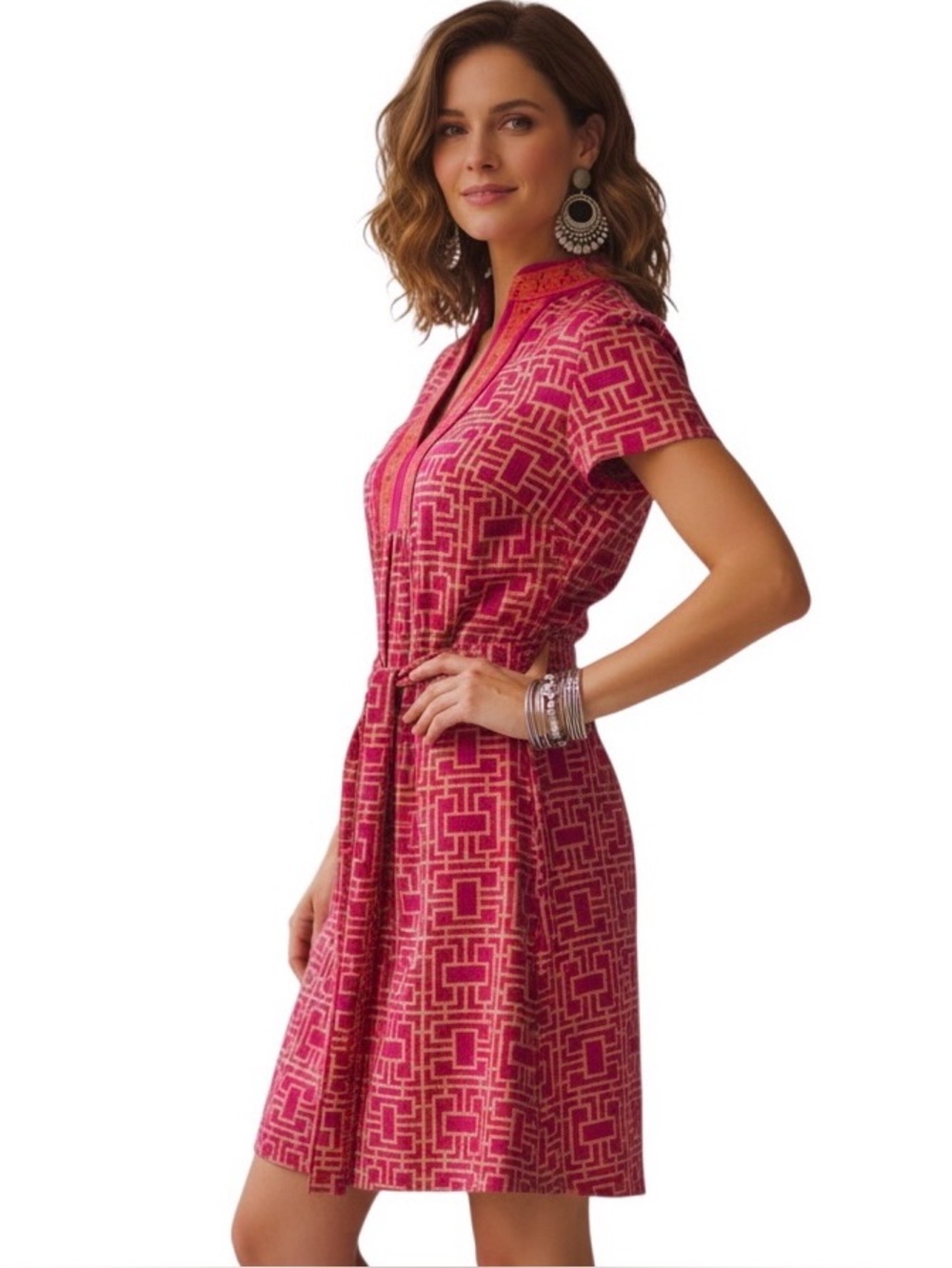 Elizabeth McKay Dress Orange Red Geometric Print Pullover Mock Neck Belted Sz XS